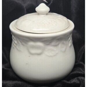 Gibson Designs FLOURISH Sugar Bowl & Lid White Embossed Fruit"
